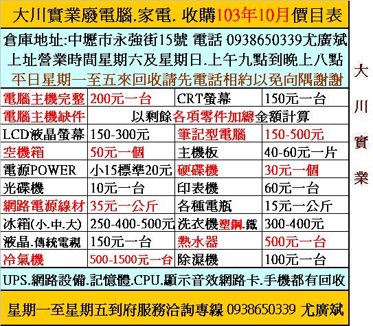 桃園中壢廢電腦回收 家電回收 筆電回收 液晶回收 螢幕回收 103.十月 - 20141010231635-954497261.JPG(圖)