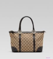 gucci 257069淺米色烏木色GG 圖案織布配以棕色滾邊_圖片(1)