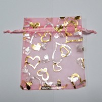 【愛禮布禮】婚禮小物： 粉紅色桃心燙金雪紗袋8x10cm,1個1.6元起 10個 一般價 20 元 會員價 20 元_圖片(1)