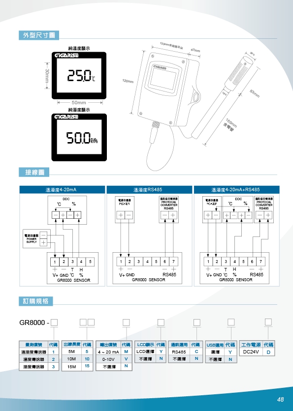 GR8000出線型溫溼度偵測,溫溼度傳訊器,LCD溫溼度感測器,溫溼度傳感器,變送器溫濕度,熱電偶, 類比二氧化碳傳訊器,控制器溫度,變送器二氧化碳,傳感器溫濕度,隔測式表面溫度計,瓦時計集合式電錶 - 20171013184751-891848159.jpg(圖)